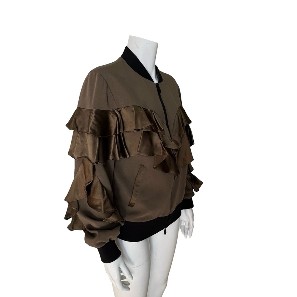 $525 CINQ A SEPT “Leía” Ruffle Bomber Jacket Sz S Olive Satin Trim - Picture 6 of 7